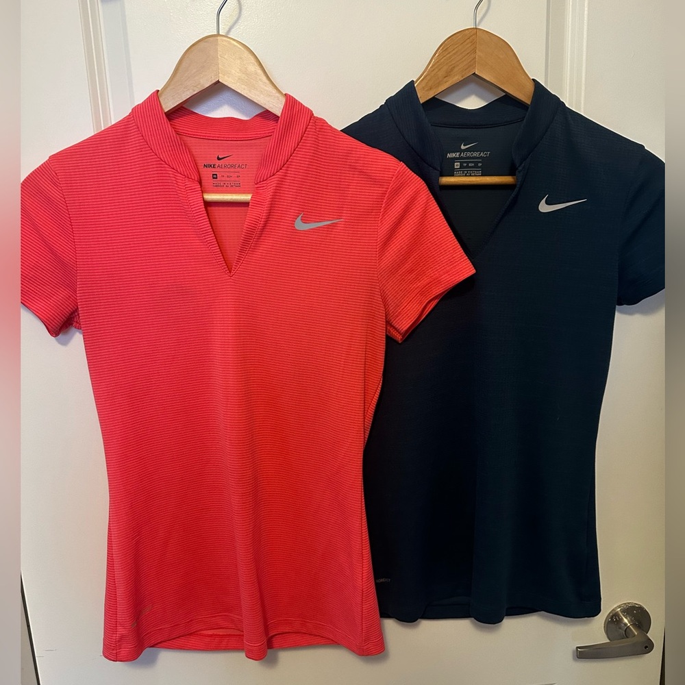 Nike golf Aeroreact polos. XS women’s. Coral & blue. Like new. Flattering!